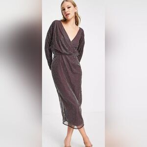 ASOS DESIGN gold linear embellished batwing midi dress in mauve NWT size 0